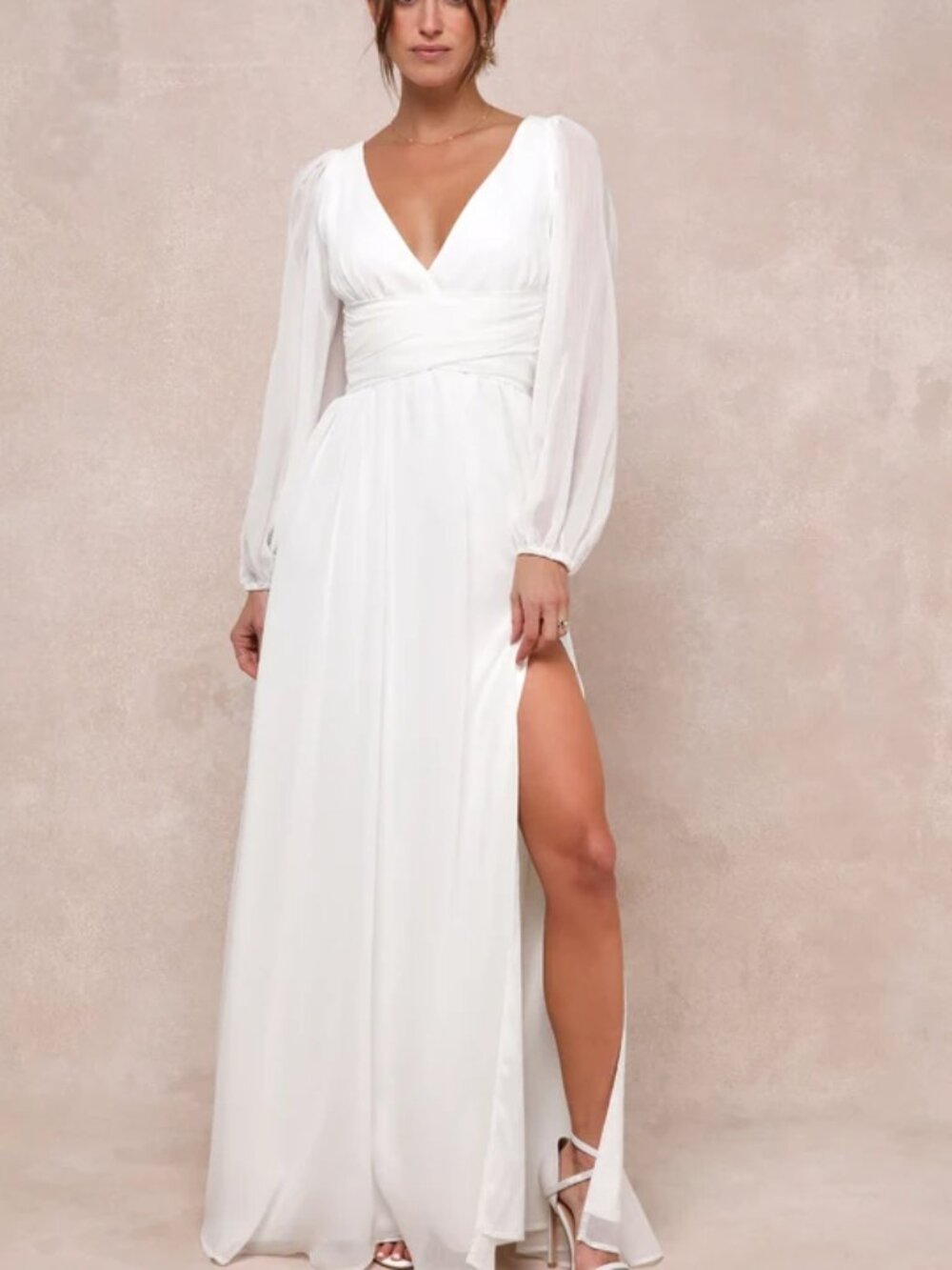 Lulus Enchant My Love White Chiffon Long Sleeve Bridal Maxi Dress M NWOT